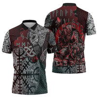 Viking Warrior Zipper Polo Shirt with Runes and Blood Battle Scene Norse Valor Tribute - Wonder Print Shop