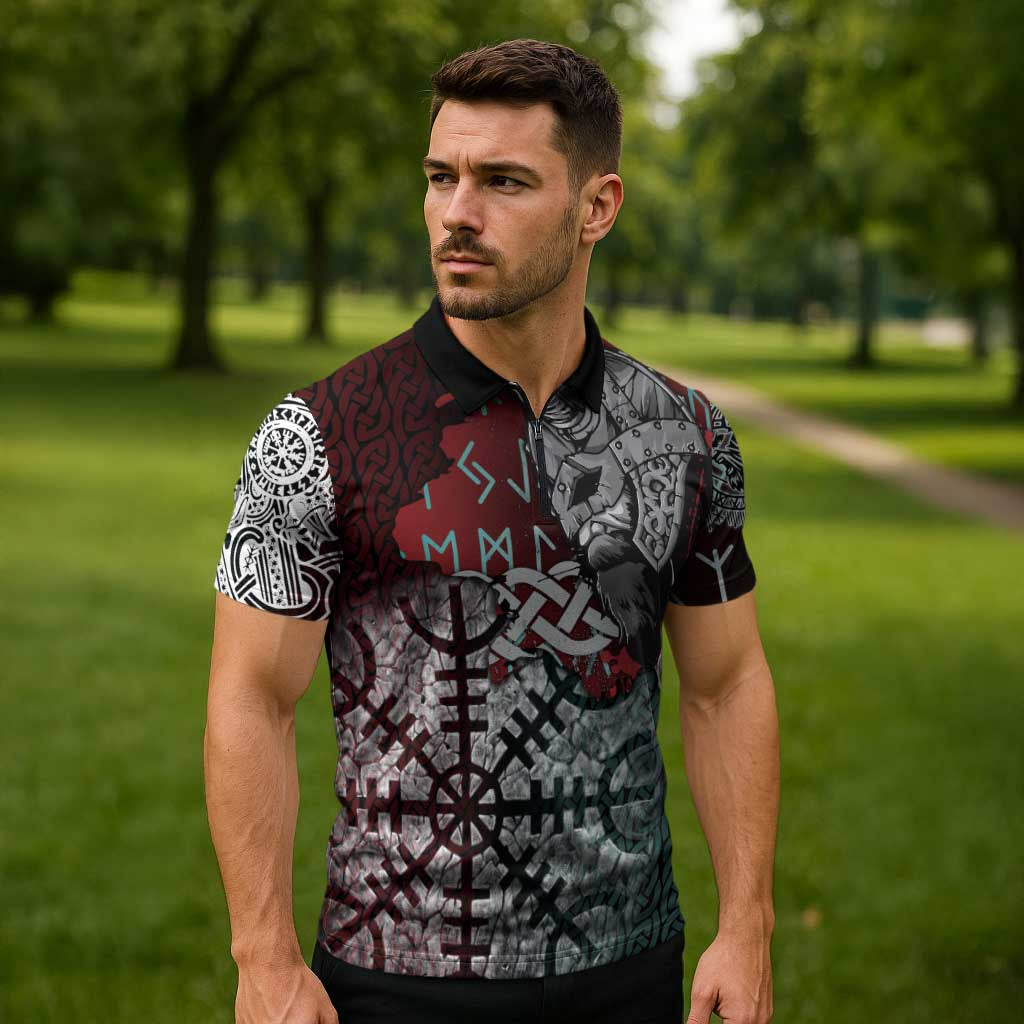 Viking Warrior Zipper Polo Shirt with Runes and Blood Battle Scene Norse Valor Tribute - Wonder Print Shop