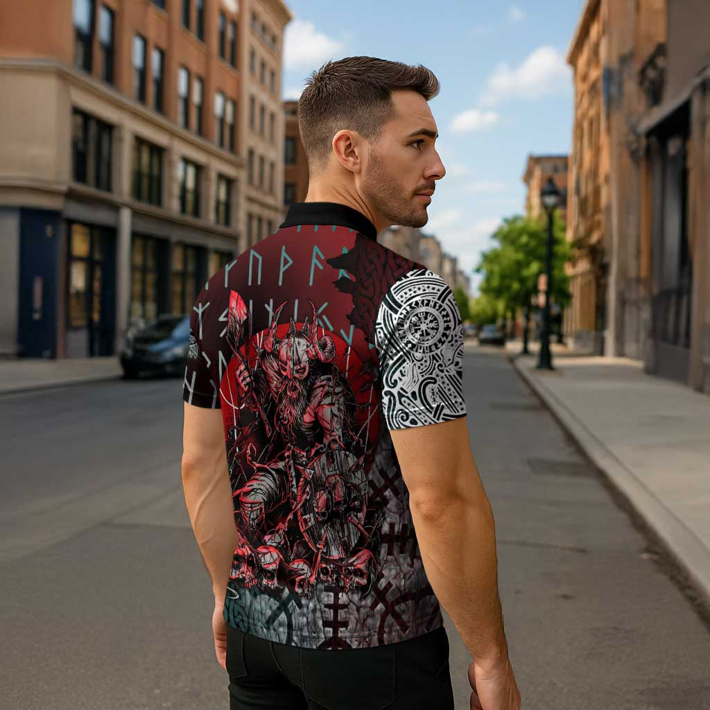 Viking Warrior Zipper Polo Shirt with Runes and Blood Battle Scene Norse Valor Tribute - Wonder Print Shop