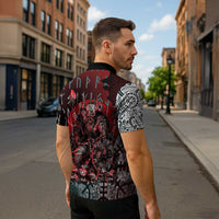 Viking Warrior Zipper Polo Shirt with Runes and Blood Battle Scene Norse Valor Tribute - Wonder Print Shop