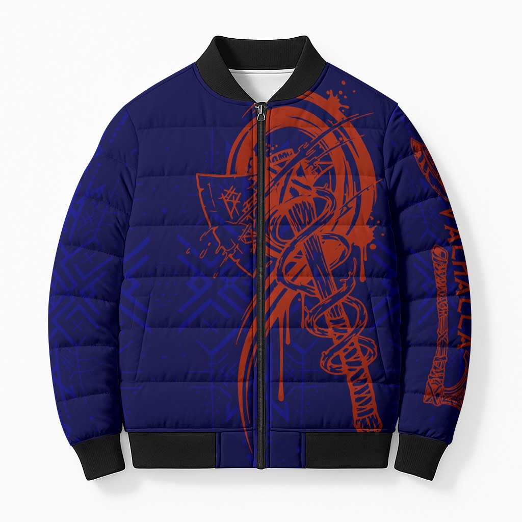 Valhalla Warrior Viking Bomber Puffer Jacket with Axes and Norse Symbols Norse Mythology Tribute - Wonder Print Shop