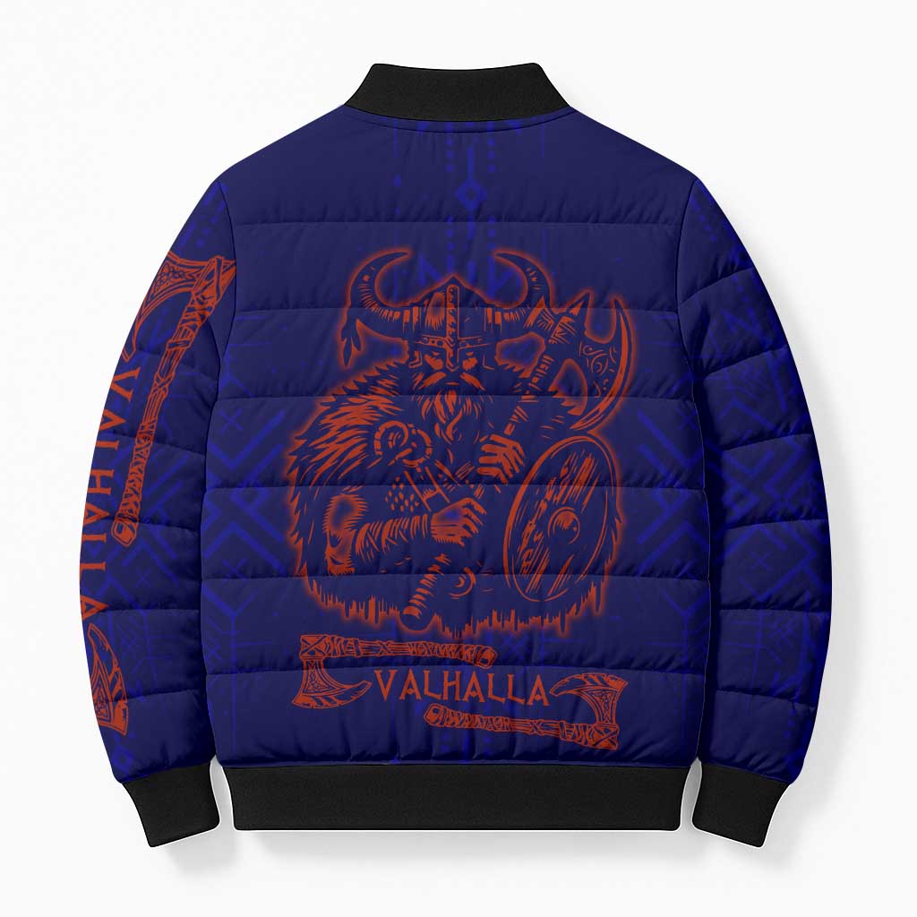 Valhalla Warrior Viking Bomber Puffer Jacket with Axes and Norse Symbols Norse Mythology Tribute - Wonder Print Shop