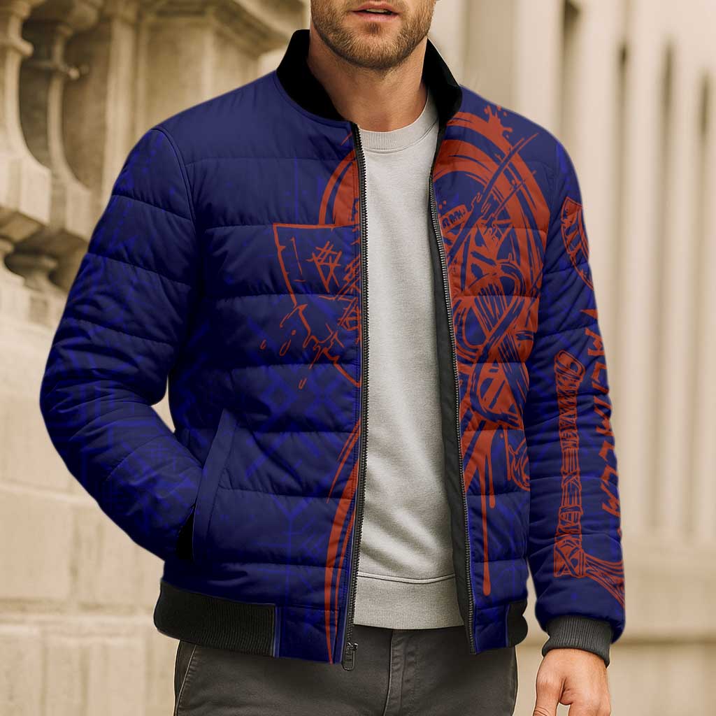 Valhalla Warrior Viking Bomber Puffer Jacket with Axes and Norse Symbols Norse Mythology Tribute - Wonder Print Shop