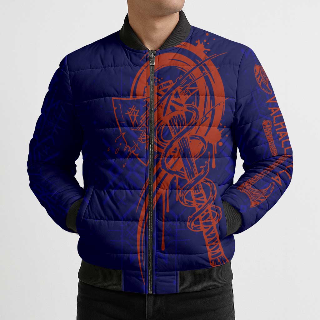 Valhalla Warrior Viking Bomber Puffer Jacket with Axes and Norse Symbols Norse Mythology Tribute - Wonder Print Shop