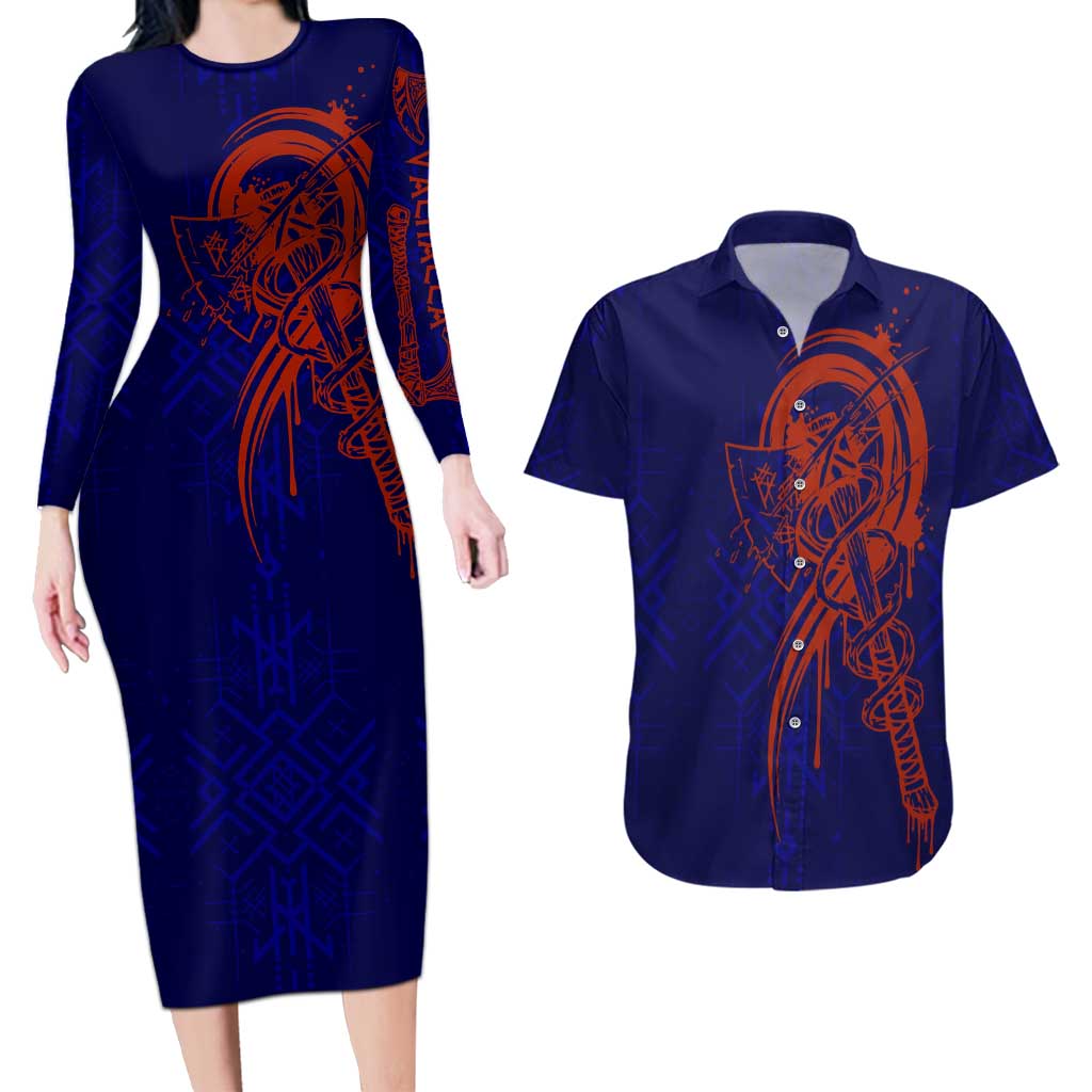 Valhalla Warrior Viking Couples Matching Long Sleeve Bodycon Dress and Hawaiian Shirt with Axes and Norse Symbols Norse Mythology Tribute - Wonder Print Shop