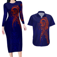 Valhalla Warrior Viking Couples Matching Long Sleeve Bodycon Dress and Hawaiian Shirt with Axes and Norse Symbols Norse Mythology Tribute - Wonder Print Shop