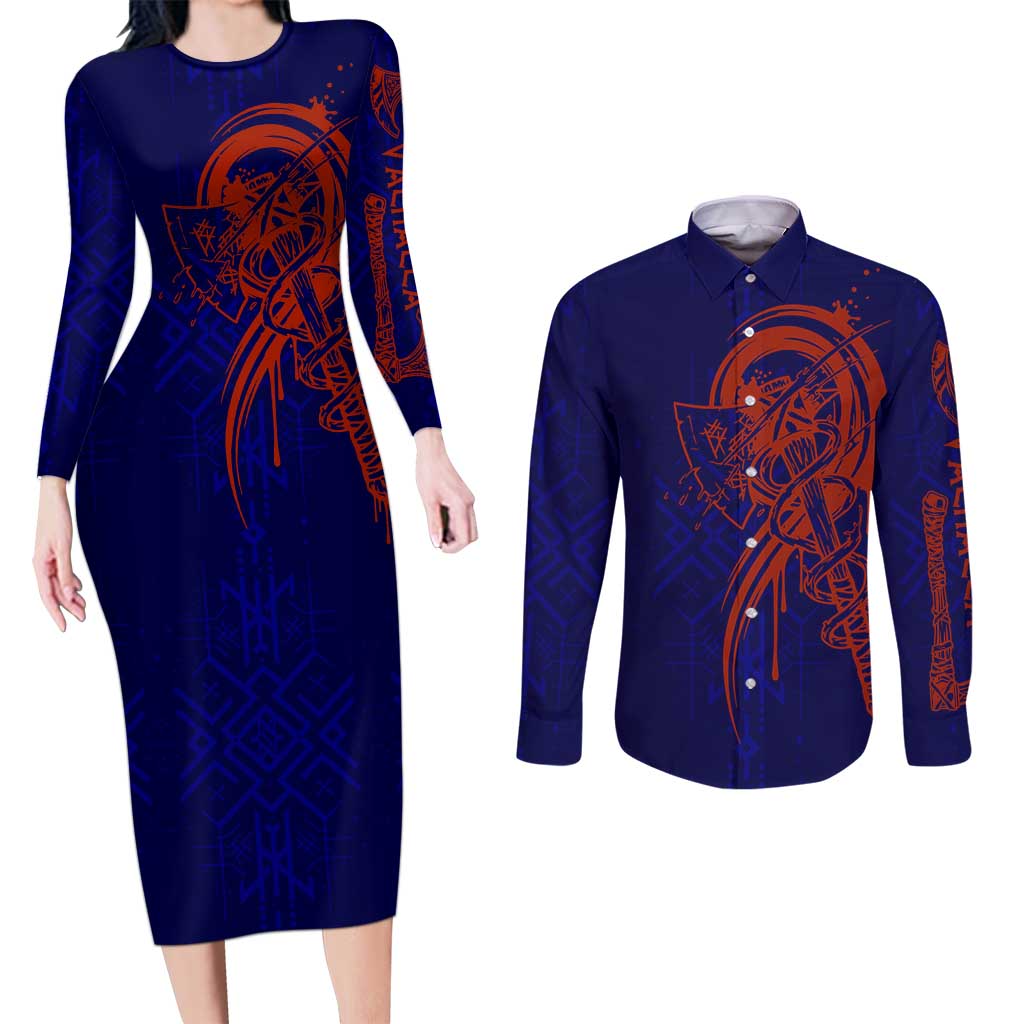 Valhalla Warrior Viking Couples Matching Long Sleeve Bodycon Dress and Long Sleeve Button Shirt with Axes and Norse Symbols Norse Mythology Tribute - Wonder Print Shop