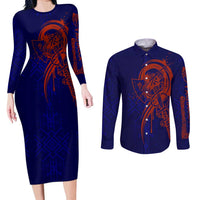 Valhalla Warrior Viking Couples Matching Long Sleeve Bodycon Dress and Long Sleeve Button Shirt with Axes and Norse Symbols Norse Mythology Tribute - Wonder Print Shop
