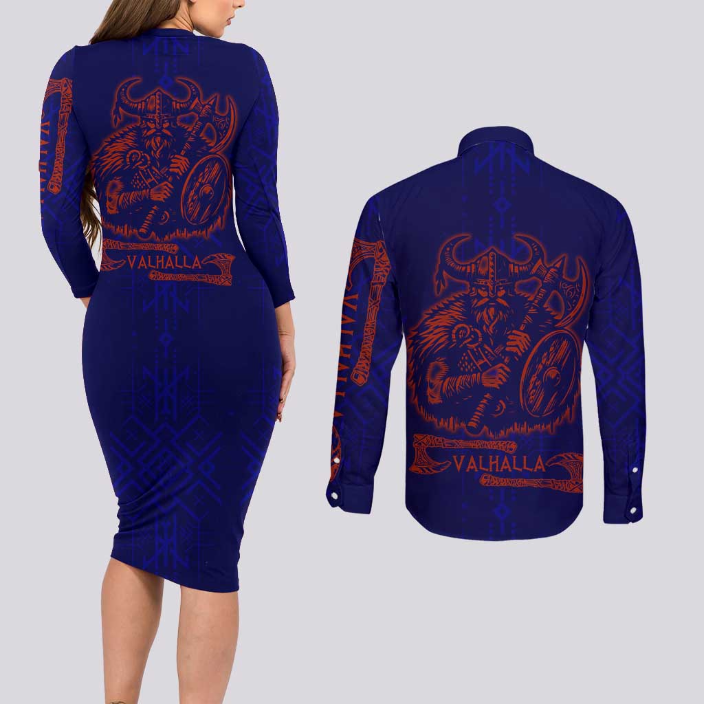 Valhalla Warrior Viking Couples Matching Long Sleeve Bodycon Dress and Long Sleeve Button Shirt with Axes and Norse Symbols Norse Mythology Tribute - Wonder Print Shop