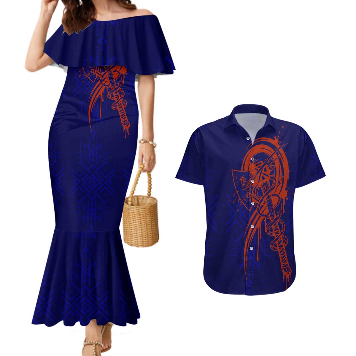 Valhalla Warrior Viking Couples Matching Mermaid Dress and Hawaiian Shirt with Axes and Norse Symbols Norse Mythology Tribute - Wonder Print Shop