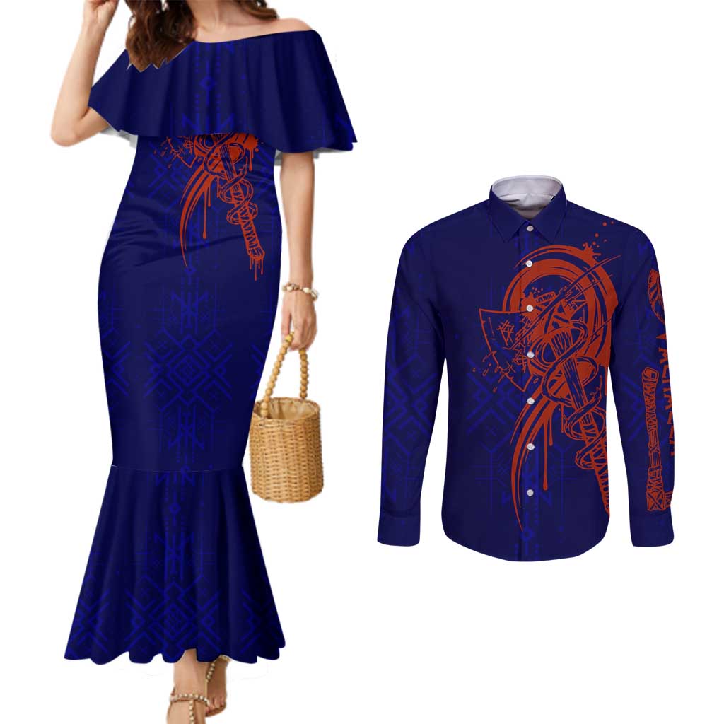 Valhalla Warrior Viking Couples Matching Mermaid Dress and Long Sleeve Button Shirt with Axes and Norse Symbols Norse Mythology Tribute - Wonder Print Shop
