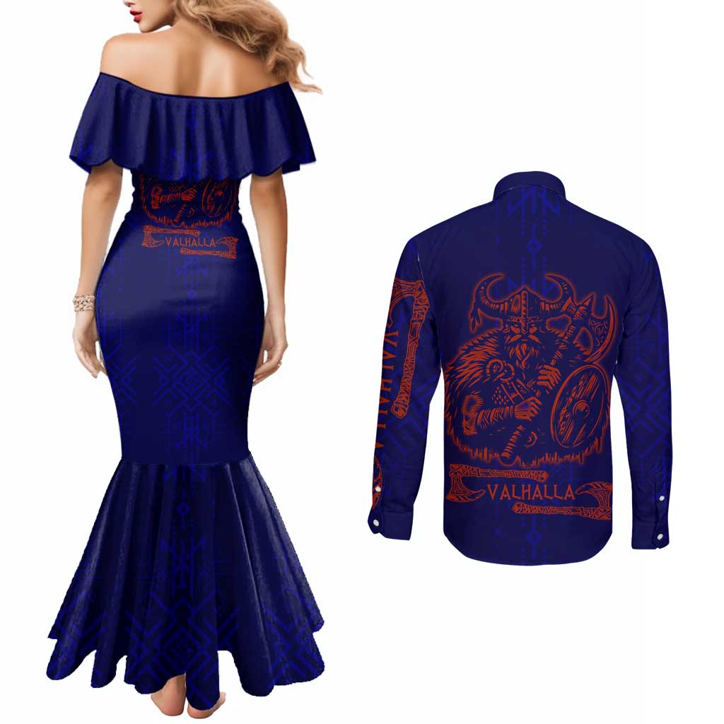 Valhalla Warrior Viking Couples Matching Mermaid Dress and Long Sleeve Button Shirt with Axes and Norse Symbols Norse Mythology Tribute - Wonder Print Shop
