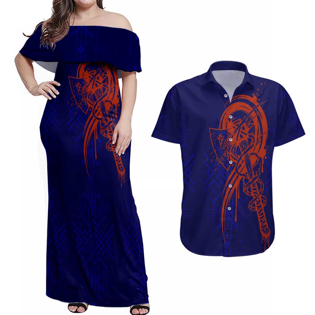 Valhalla Warrior Viking Couples Matching Off Shoulder Maxi Dress and Hawaiian Shirt with Axes and Norse Symbols Norse Mythology Tribute - Wonder Print Shop