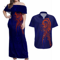 Valhalla Warrior Viking Couples Matching Off Shoulder Maxi Dress and Hawaiian Shirt with Axes and Norse Symbols Norse Mythology Tribute - Wonder Print Shop