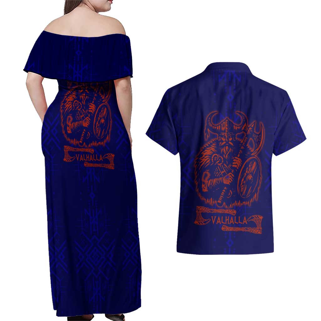 Valhalla Warrior Viking Couples Matching Off Shoulder Maxi Dress and Hawaiian Shirt with Axes and Norse Symbols Norse Mythology Tribute - Wonder Print Shop