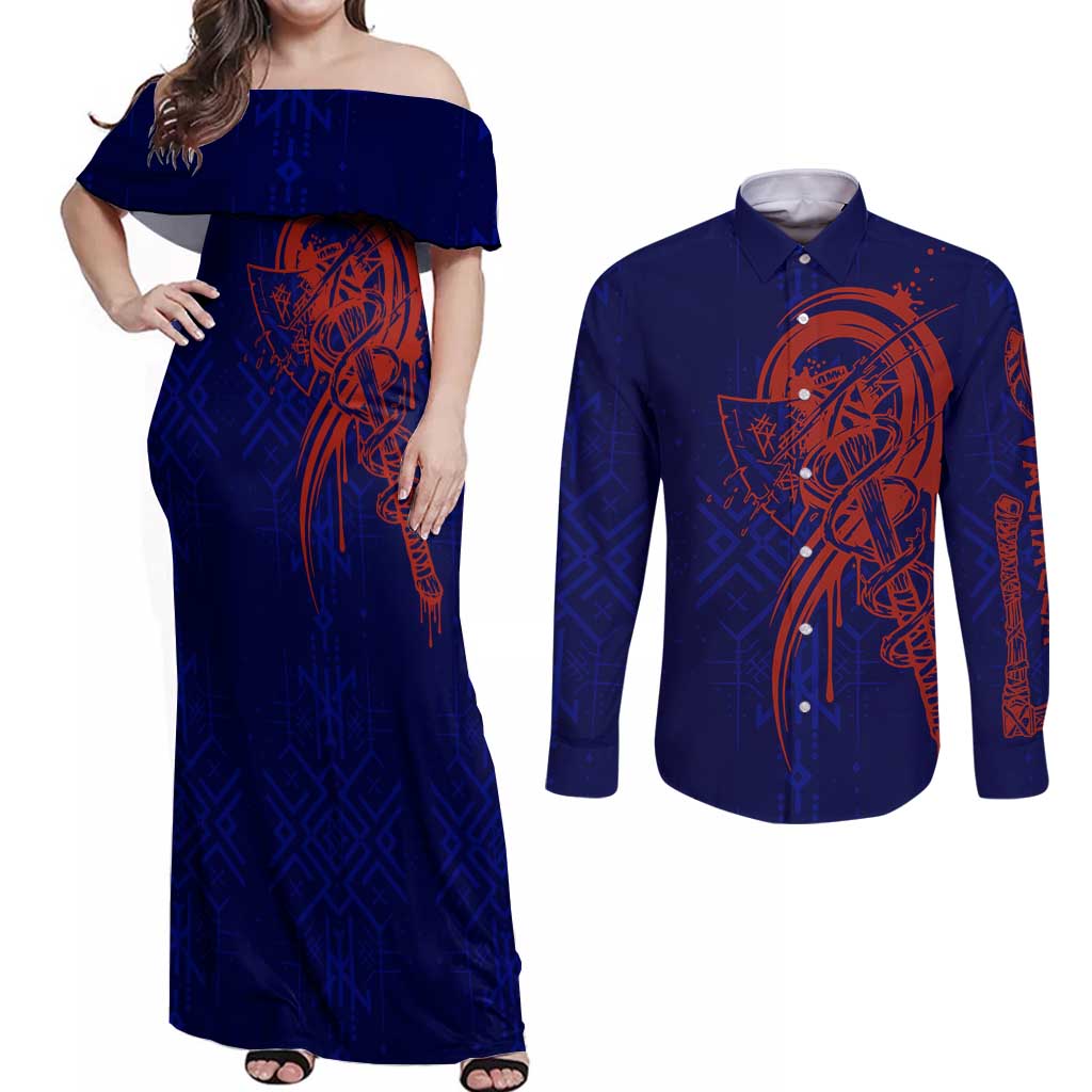 Valhalla Warrior Viking Couples Matching Off Shoulder Maxi Dress and Long Sleeve Button Shirt with Axes and Norse Symbols Norse Mythology Tribute - Wonder Print Shop