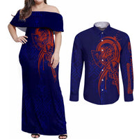 Valhalla Warrior Viking Couples Matching Off Shoulder Maxi Dress and Long Sleeve Button Shirt with Axes and Norse Symbols Norse Mythology Tribute - Wonder Print Shop