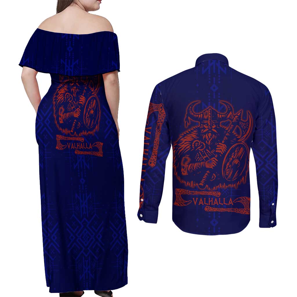 Valhalla Warrior Viking Couples Matching Off Shoulder Maxi Dress and Long Sleeve Button Shirt with Axes and Norse Symbols Norse Mythology Tribute - Wonder Print Shop
