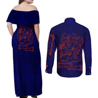 Valhalla Warrior Viking Couples Matching Off Shoulder Maxi Dress and Long Sleeve Button Shirt with Axes and Norse Symbols Norse Mythology Tribute - Wonder Print Shop