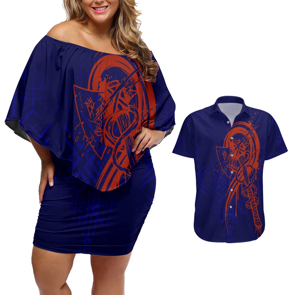 Valhalla Warrior Viking Couples Matching Off Shoulder Short Dress and Hawaiian Shirt with Axes and Norse Symbols Norse Mythology Tribute - Wonder Print Shop