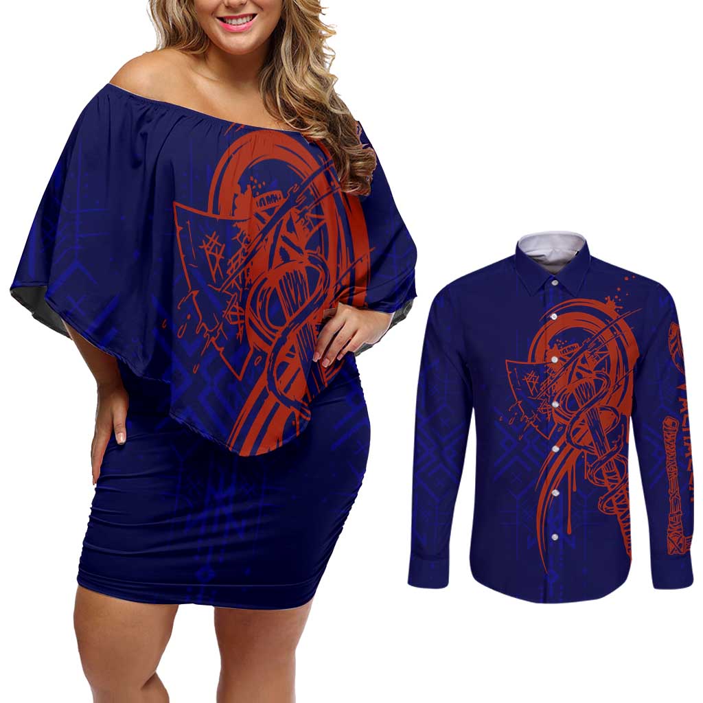 Valhalla Warrior Viking Couples Matching Off Shoulder Short Dress and Long Sleeve Button Shirt with Axes and Norse Symbols Norse Mythology Tribute - Wonder Print Shop