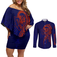 Valhalla Warrior Viking Couples Matching Off Shoulder Short Dress and Long Sleeve Button Shirt with Axes and Norse Symbols Norse Mythology Tribute - Wonder Print Shop
