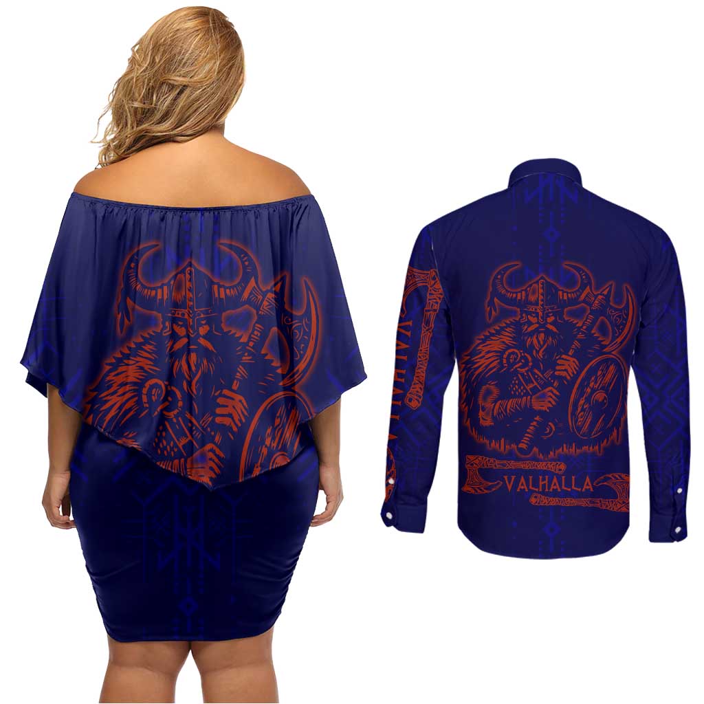 Valhalla Warrior Viking Couples Matching Off Shoulder Short Dress and Long Sleeve Button Shirt with Axes and Norse Symbols Norse Mythology Tribute - Wonder Print Shop