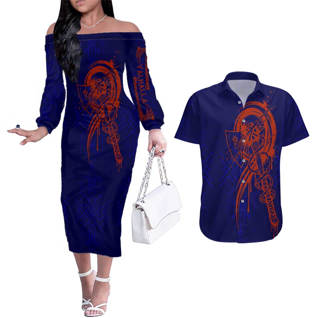 Valhalla Warrior Viking Couples Matching Off The Shoulder Long Sleeve Dress and Hawaiian Shirt with Axes and Norse Symbols Norse Mythology Tribute - Wonder Print Shop
