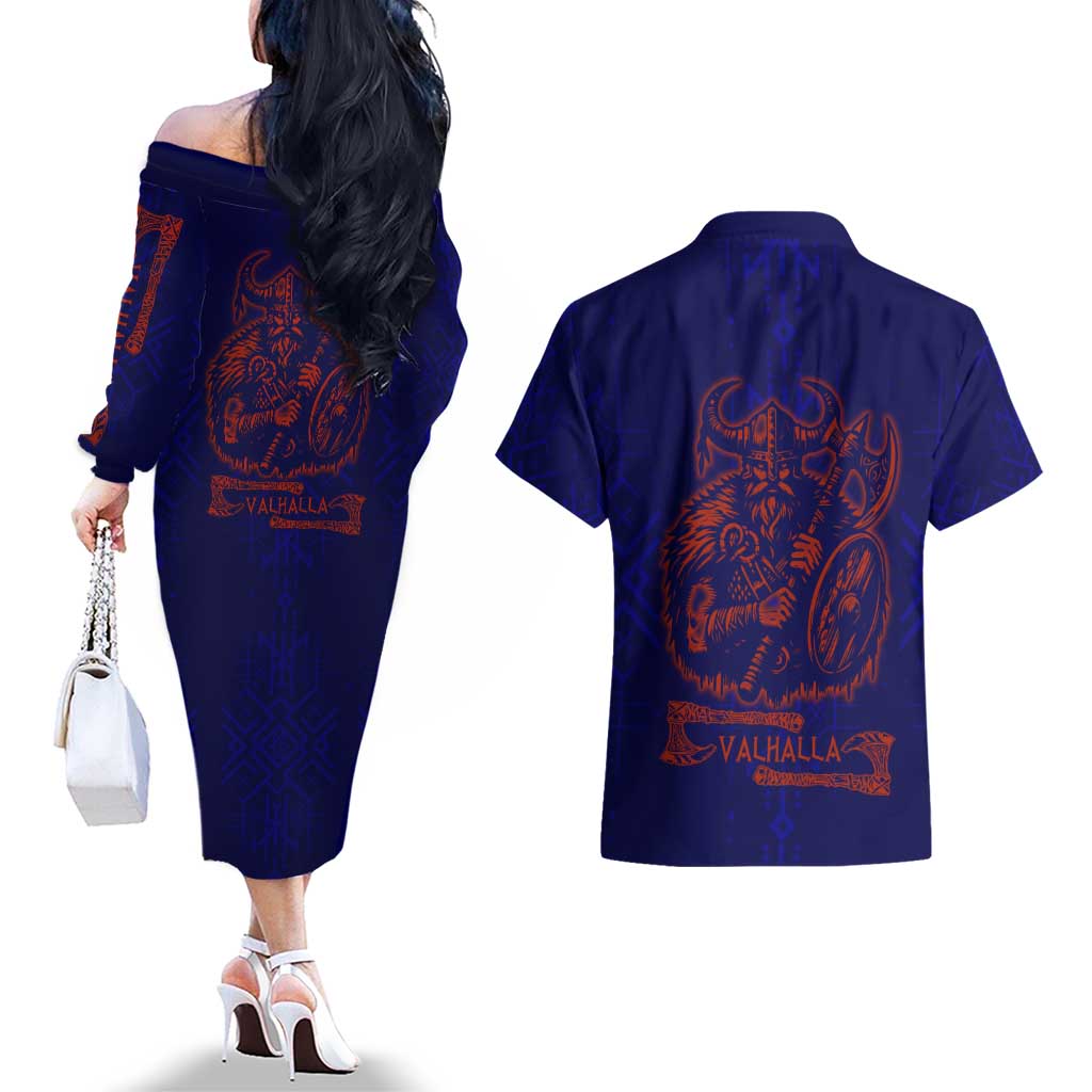 Valhalla Warrior Viking Couples Matching Off The Shoulder Long Sleeve Dress and Hawaiian Shirt with Axes and Norse Symbols Norse Mythology Tribute - Wonder Print Shop