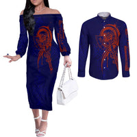 Valhalla Warrior Viking Couples Matching Off The Shoulder Long Sleeve Dress and Long Sleeve Button Shirt with Axes and Norse Symbols Norse Mythology Tribute - Wonder Print Shop