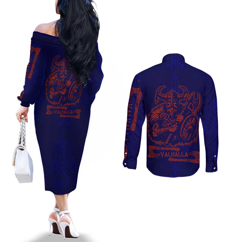 Valhalla Warrior Viking Couples Matching Off The Shoulder Long Sleeve Dress and Long Sleeve Button Shirt with Axes and Norse Symbols Norse Mythology Tribute - Wonder Print Shop