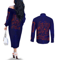 Valhalla Warrior Viking Couples Matching Off The Shoulder Long Sleeve Dress and Long Sleeve Button Shirt with Axes and Norse Symbols Norse Mythology Tribute - Wonder Print Shop
