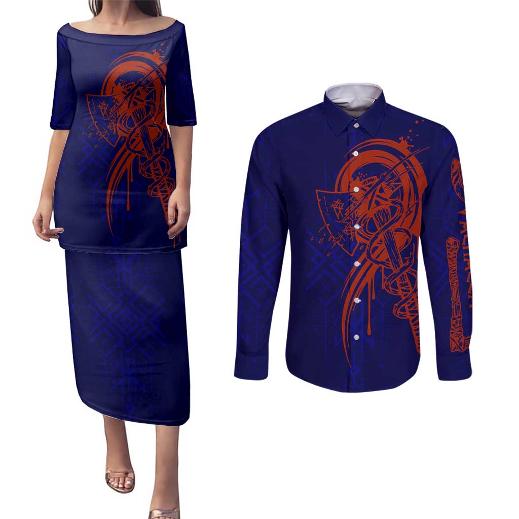 Valhalla Warrior Viking Couples Matching Puletasi and Long Sleeve Button Shirt with Axes and Norse Symbols Norse Mythology Tribute - Wonder Print Shop