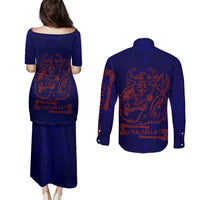 Valhalla Warrior Viking Couples Matching Puletasi and Long Sleeve Button Shirt with Axes and Norse Symbols Norse Mythology Tribute - Wonder Print Shop