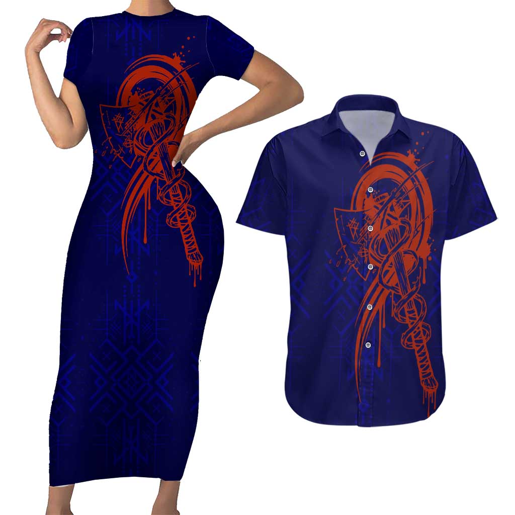 Valhalla Warrior Viking Couples Matching Short Sleeve Bodycon Dress and Hawaiian Shirt with Axes and Norse Symbols Norse Mythology Tribute - Wonder Print Shop