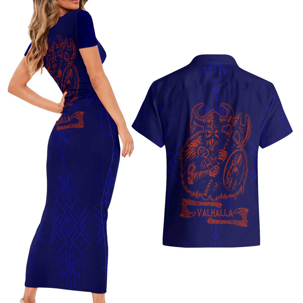 Valhalla Warrior Viking Couples Matching Short Sleeve Bodycon Dress and Hawaiian Shirt with Axes and Norse Symbols Norse Mythology Tribute - Wonder Print Shop