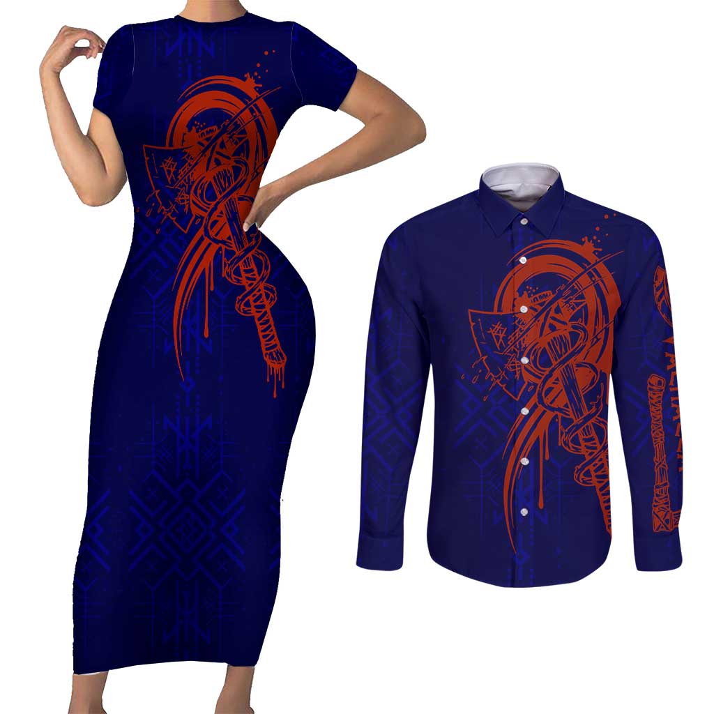 Valhalla Warrior Viking Couples Matching Short Sleeve Bodycon Dress and Long Sleeve Button Shirt with Axes and Norse Symbols Norse Mythology Tribute - Wonder Print Shop