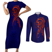 Valhalla Warrior Viking Couples Matching Short Sleeve Bodycon Dress and Long Sleeve Button Shirt with Axes and Norse Symbols Norse Mythology Tribute - Wonder Print Shop