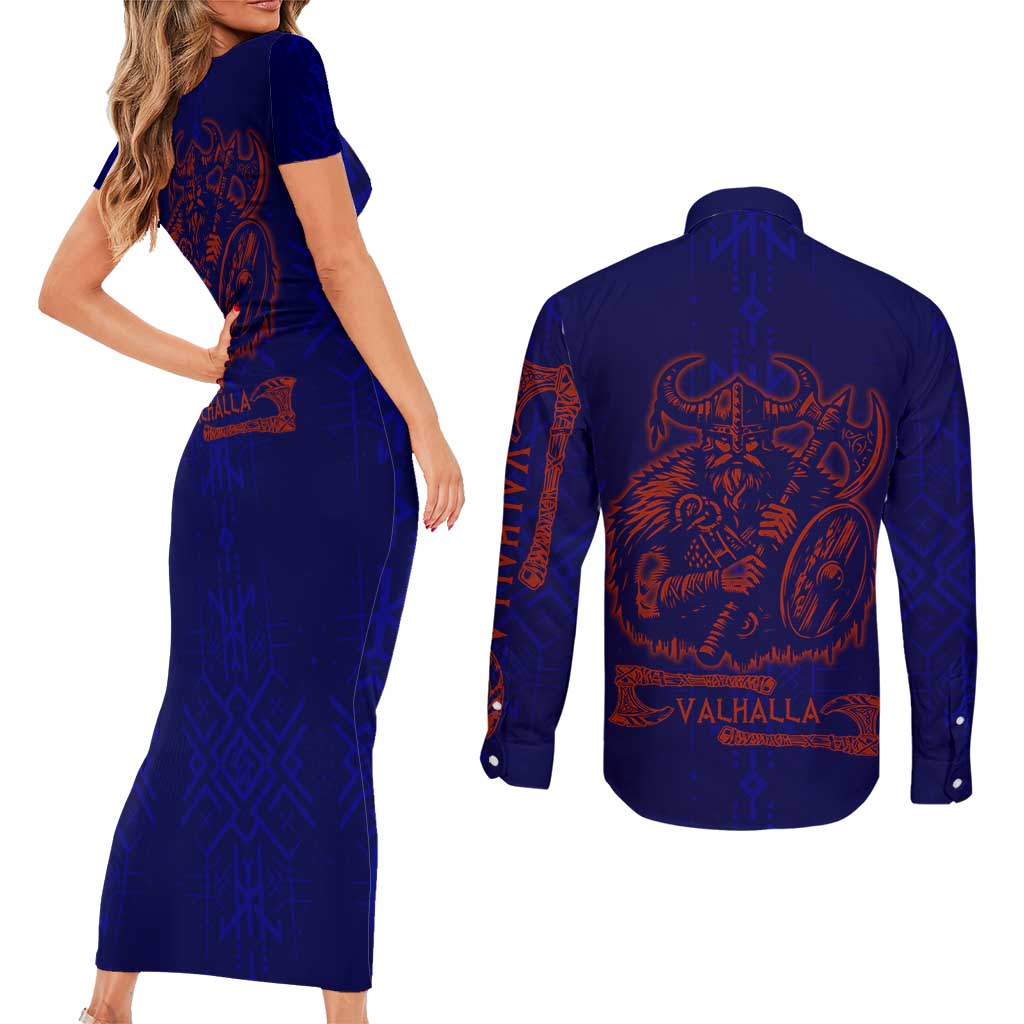 Valhalla Warrior Viking Couples Matching Short Sleeve Bodycon Dress and Long Sleeve Button Shirt with Axes and Norse Symbols Norse Mythology Tribute - Wonder Print Shop