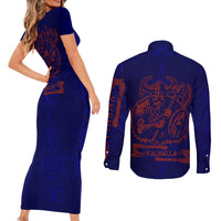 Valhalla Warrior Viking Couples Matching Short Sleeve Bodycon Dress and Long Sleeve Button Shirt with Axes and Norse Symbols Norse Mythology Tribute - Wonder Print Shop