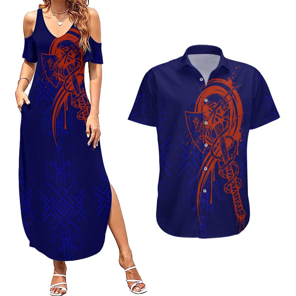 Valhalla Warrior Viking Couples Matching Summer Maxi Dress and Hawaiian Shirt with Axes and Norse Symbols Norse Mythology Tribute - Wonder Print Shop