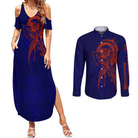 Valhalla Warrior Viking Couples Matching Summer Maxi Dress and Long Sleeve Button Shirt with Axes and Norse Symbols Norse Mythology Tribute - Wonder Print Shop