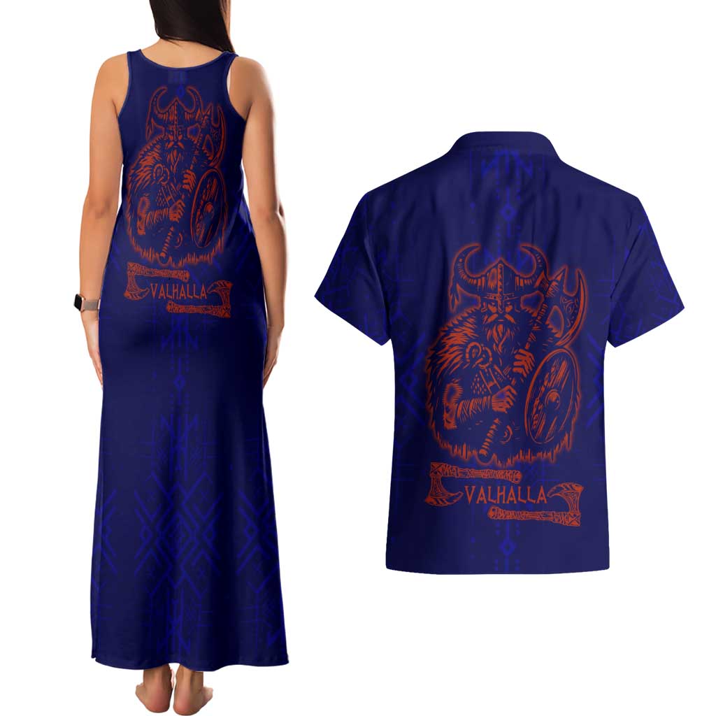 Valhalla Warrior Viking Couples Matching Tank Maxi Dress and Hawaiian Shirt with Axes and Norse Symbols Norse Mythology Tribute - Wonder Print Shop