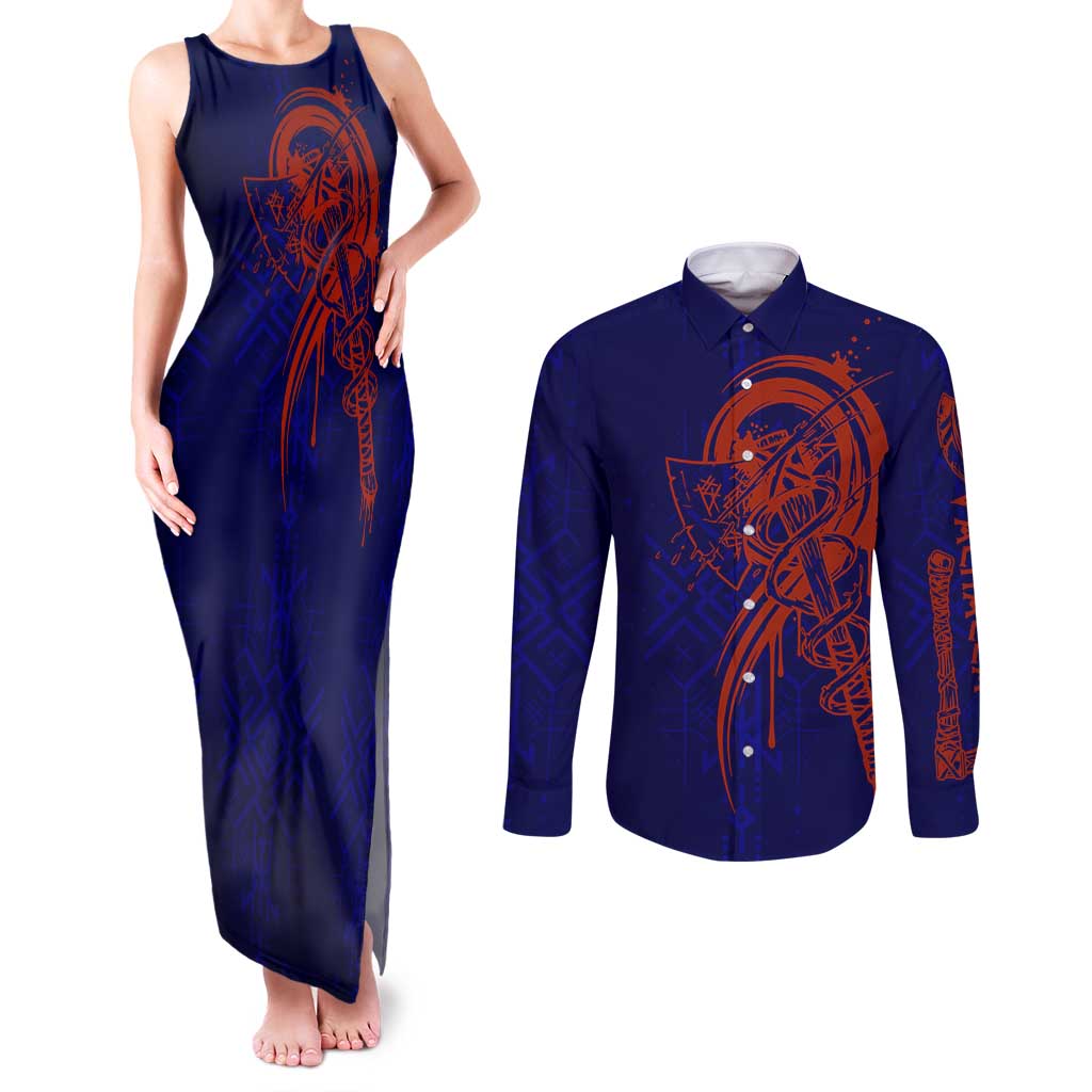 Valhalla Warrior Viking Couples Matching Tank Maxi Dress and Long Sleeve Button Shirt with Axes and Norse Symbols Norse Mythology Tribute - Wonder Print Shop