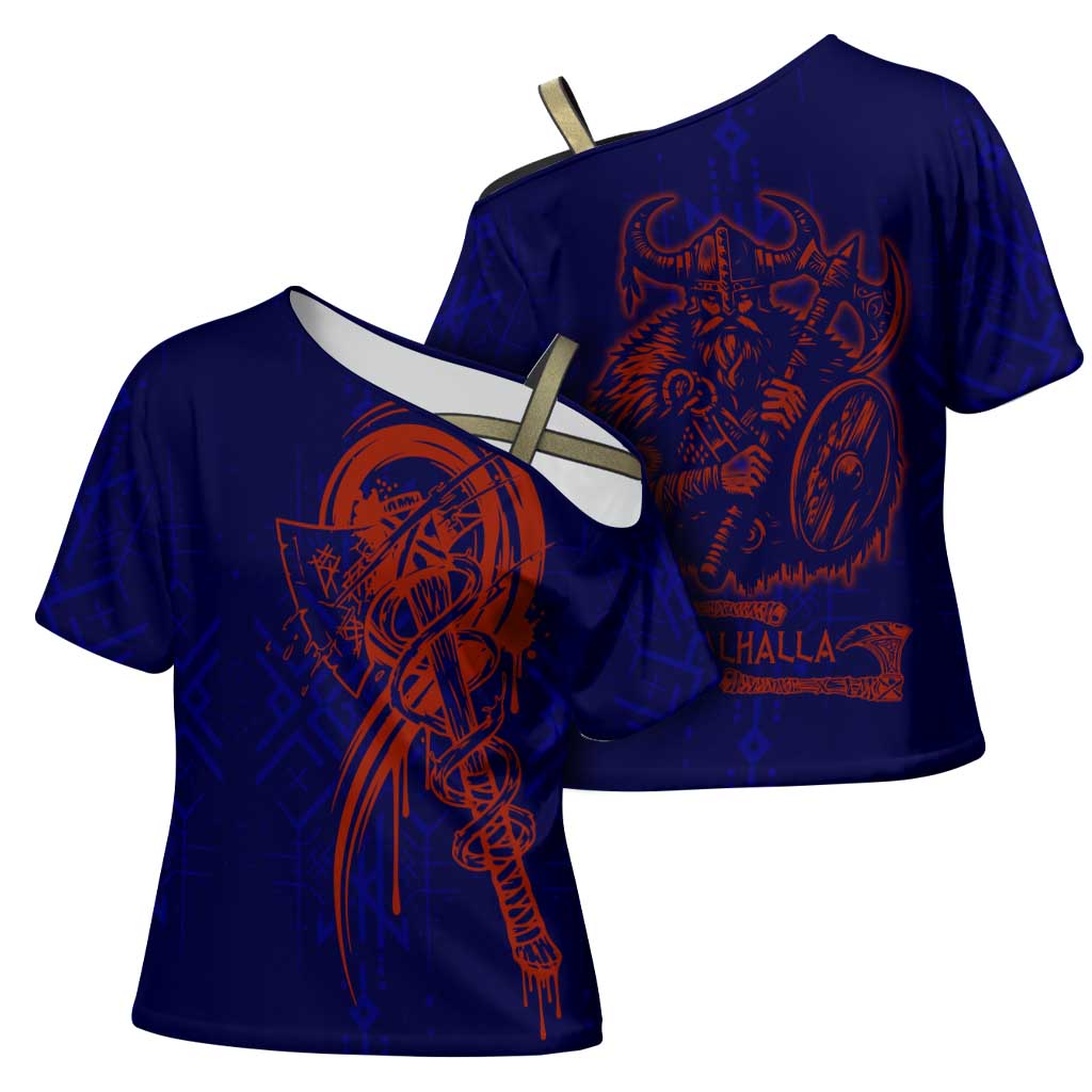 Valhalla Warrior Viking Cross Shoulder Shirt with Axes and Norse Symbols Norse Mythology Tribute - Wonder Print Shop