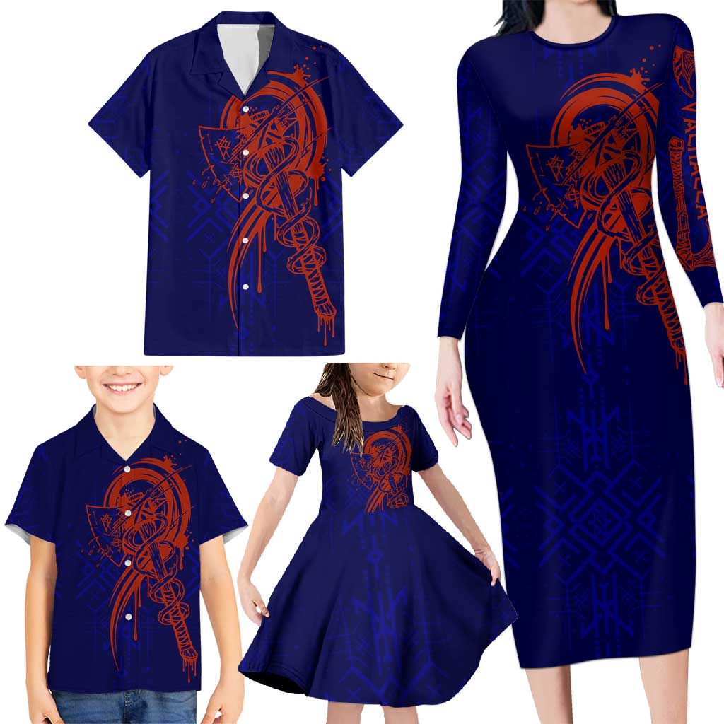 Valhalla Warrior Viking Family Matching Long Sleeve Bodycon Dress and Hawaiian Shirt with Axes and Norse Symbols Norse Mythology Tribute - Wonder Print Shop