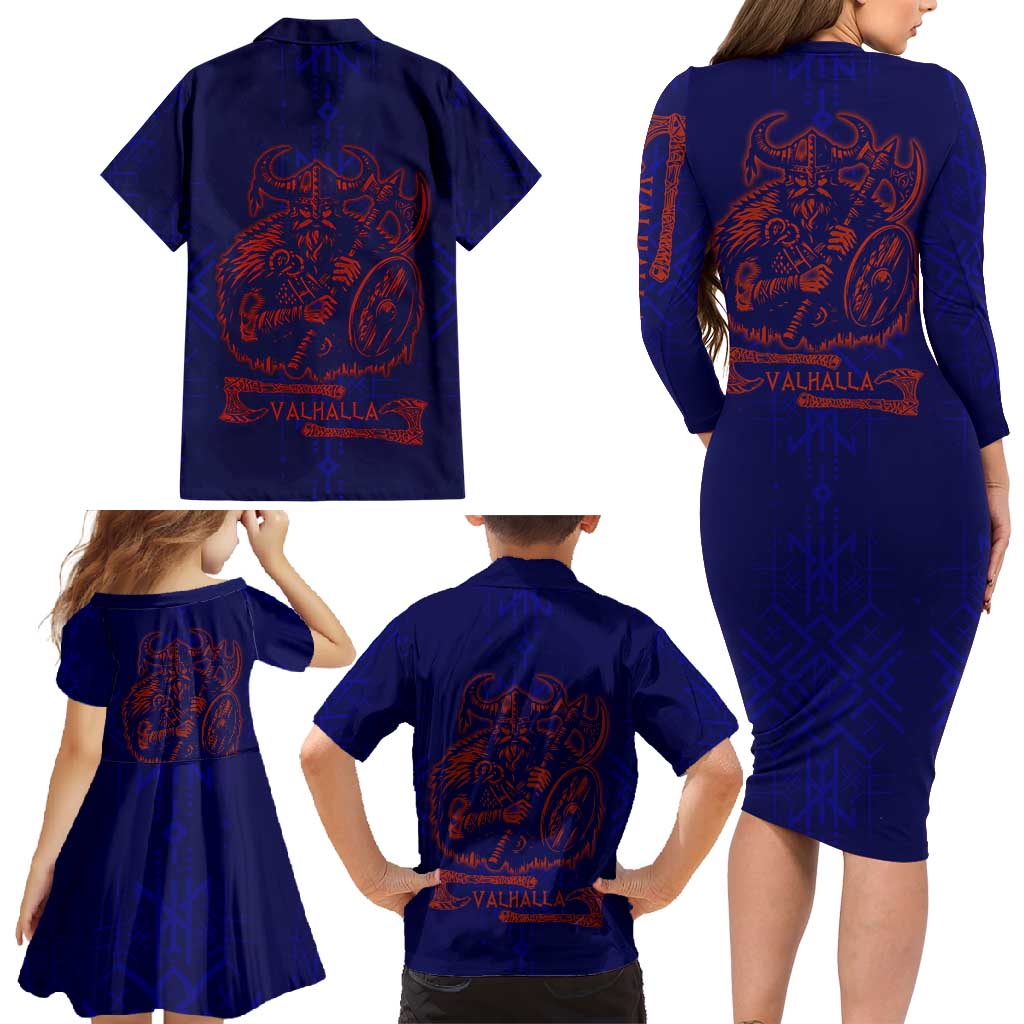 Valhalla Warrior Viking Family Matching Long Sleeve Bodycon Dress and Hawaiian Shirt with Axes and Norse Symbols Norse Mythology Tribute - Wonder Print Shop