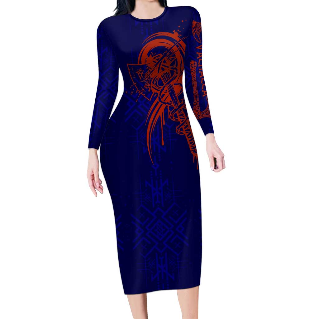 Valhalla Warrior Viking Family Matching Long Sleeve Bodycon Dress and Hawaiian Shirt with Axes and Norse Symbols Norse Mythology Tribute - Wonder Print Shop