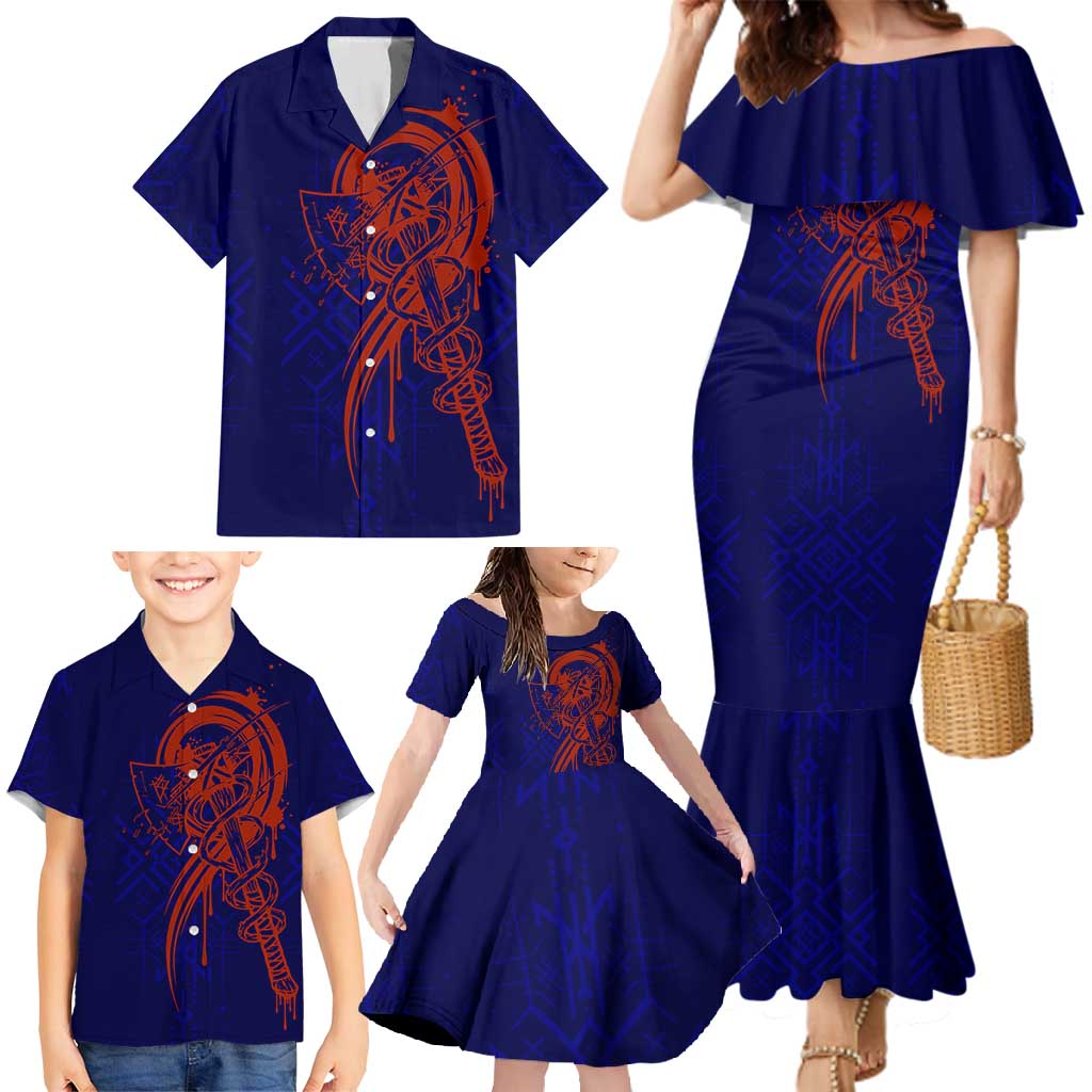 Valhalla Warrior Viking Family Matching Mermaid Dress and Hawaiian Shirt with Axes and Norse Symbols Norse Mythology Tribute - Wonder Print Shop