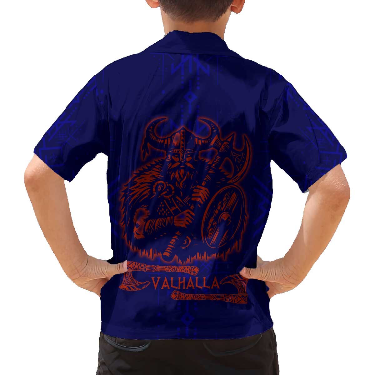 Valhalla Warrior Viking Family Matching Off The Shoulder Long Sleeve Dress and Hawaiian Shirt with Axes and Norse Symbols Norse Mythology Tribute - Wonder Print Shop
